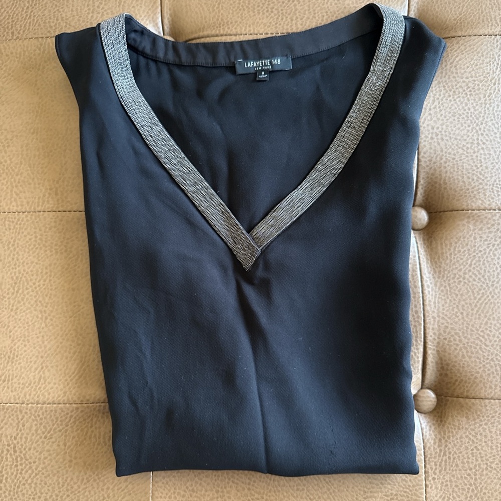 Lafayette 148 Black Vneck Beaded Tank Size S